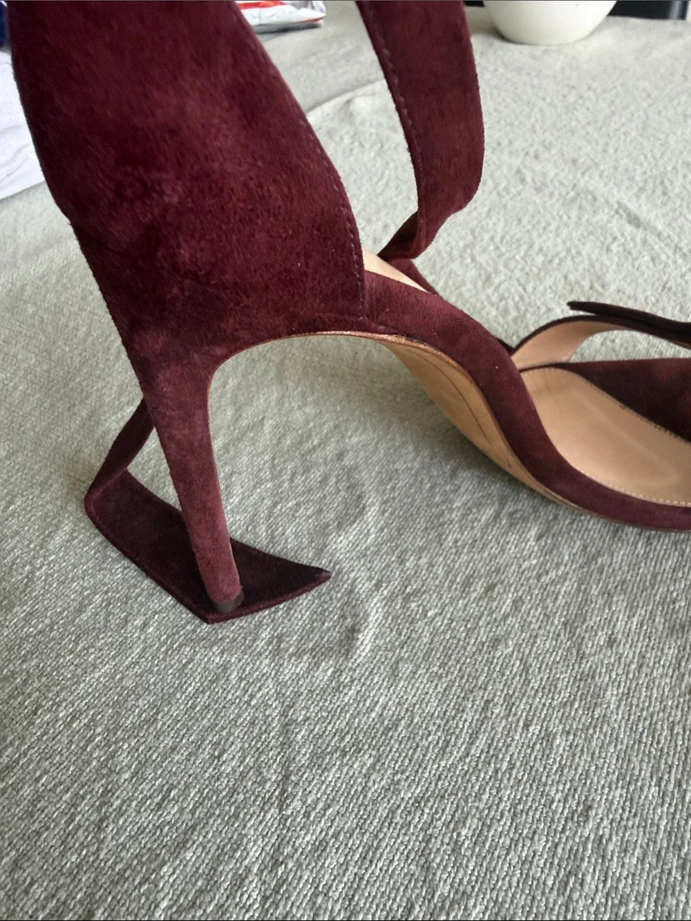 Alexandre Birman Burgundy Suede Knotted Open-Toe Ankle-Tie Heels